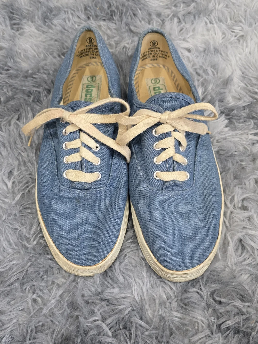 Vintage Denim Blue Canvas Lace-Up Sneakers with Cream Laces, Size 9
